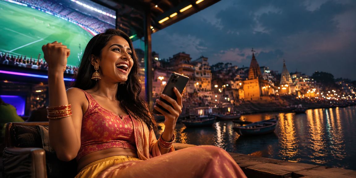 Neon-lit casino app screen at Varanasi Ghat